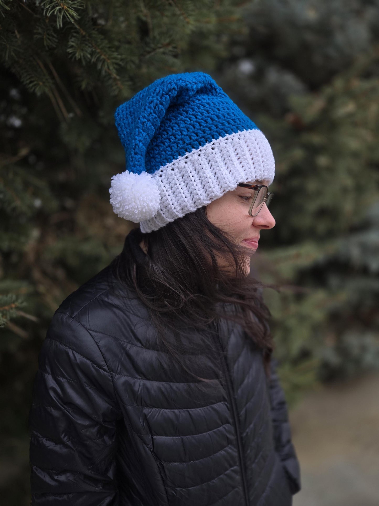 Blue and White Crochet Santa Hat
