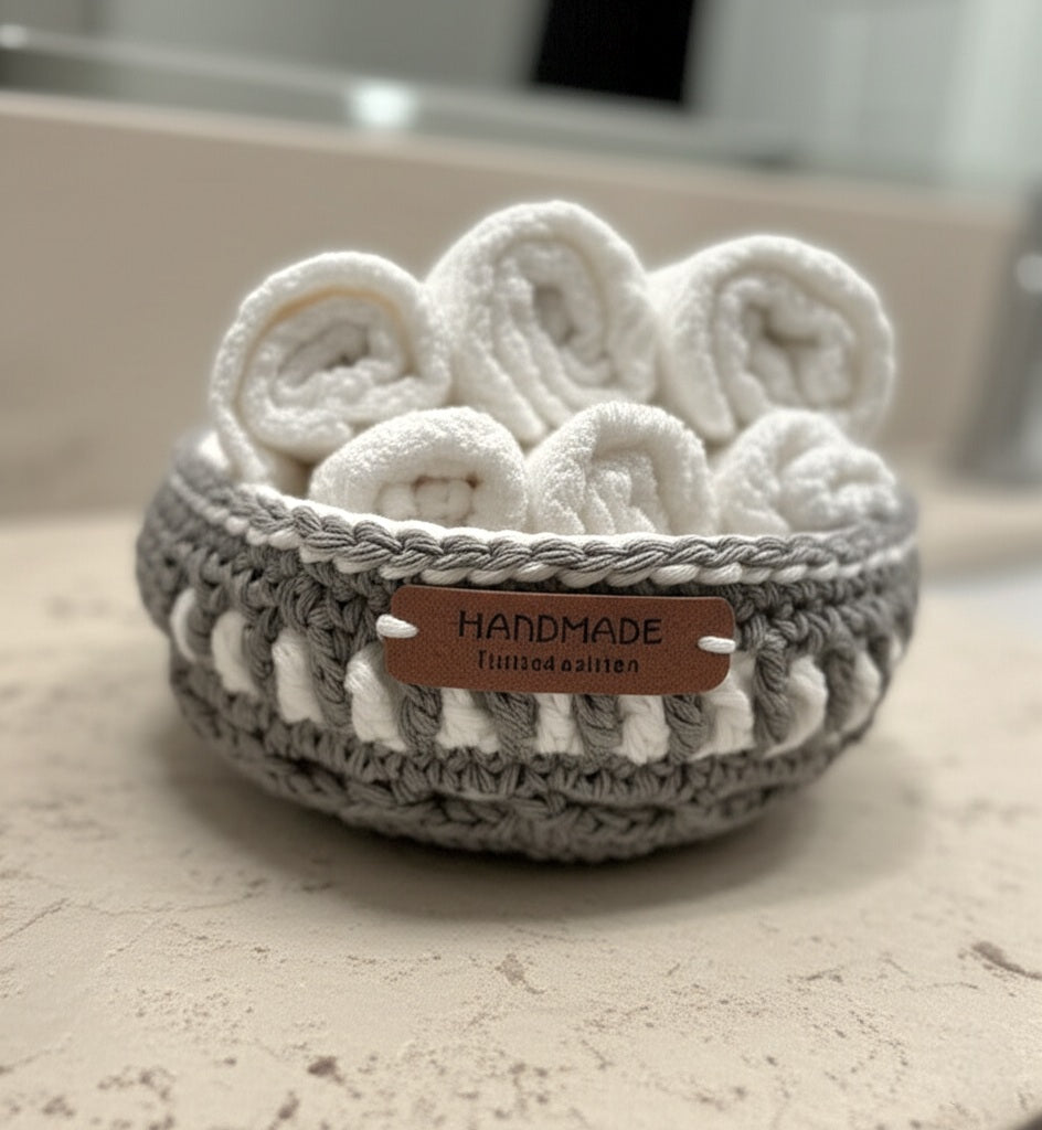 Gray and White Crocheted Basket