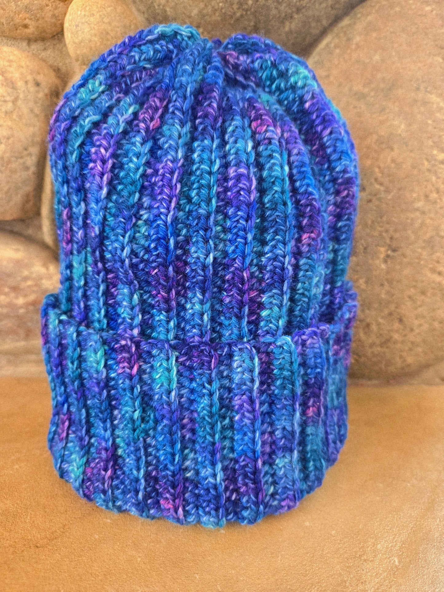 Aurora Borealis Crocheted Beanie - Marbled Blue & Violet - Winter Hat
