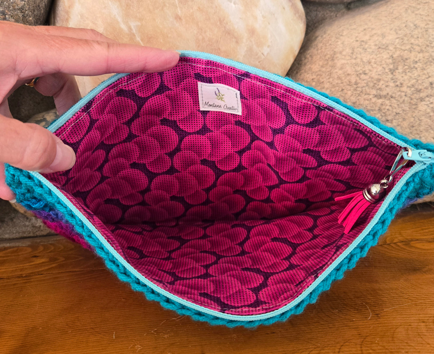 Crochet Granny Squares Fabric Lined Zipper Pouch or Clutch