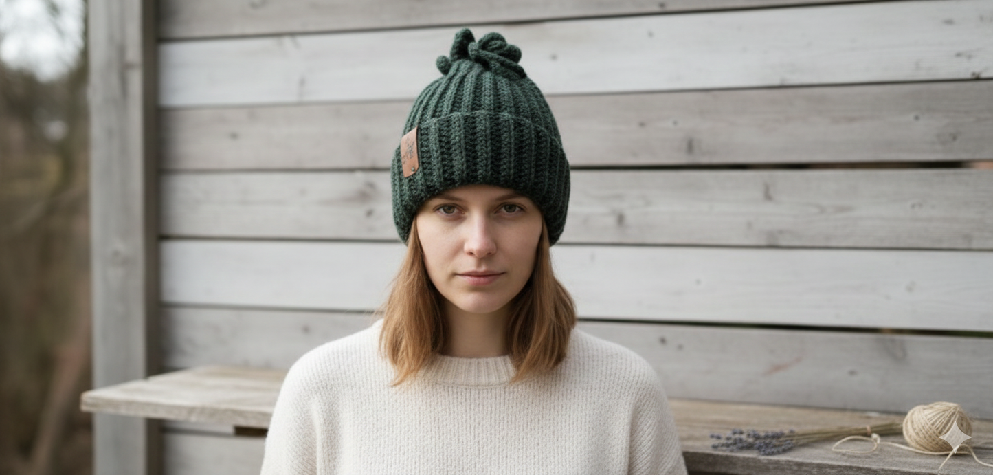 Hand-Crocheted Ribbed Beanie with Pom Pom: Earthy Acrylic Hat