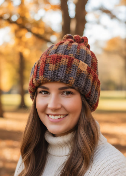 Hand-Crocheted Ribbed Beanie with Pom Pom: Earthy Acrylic Hat