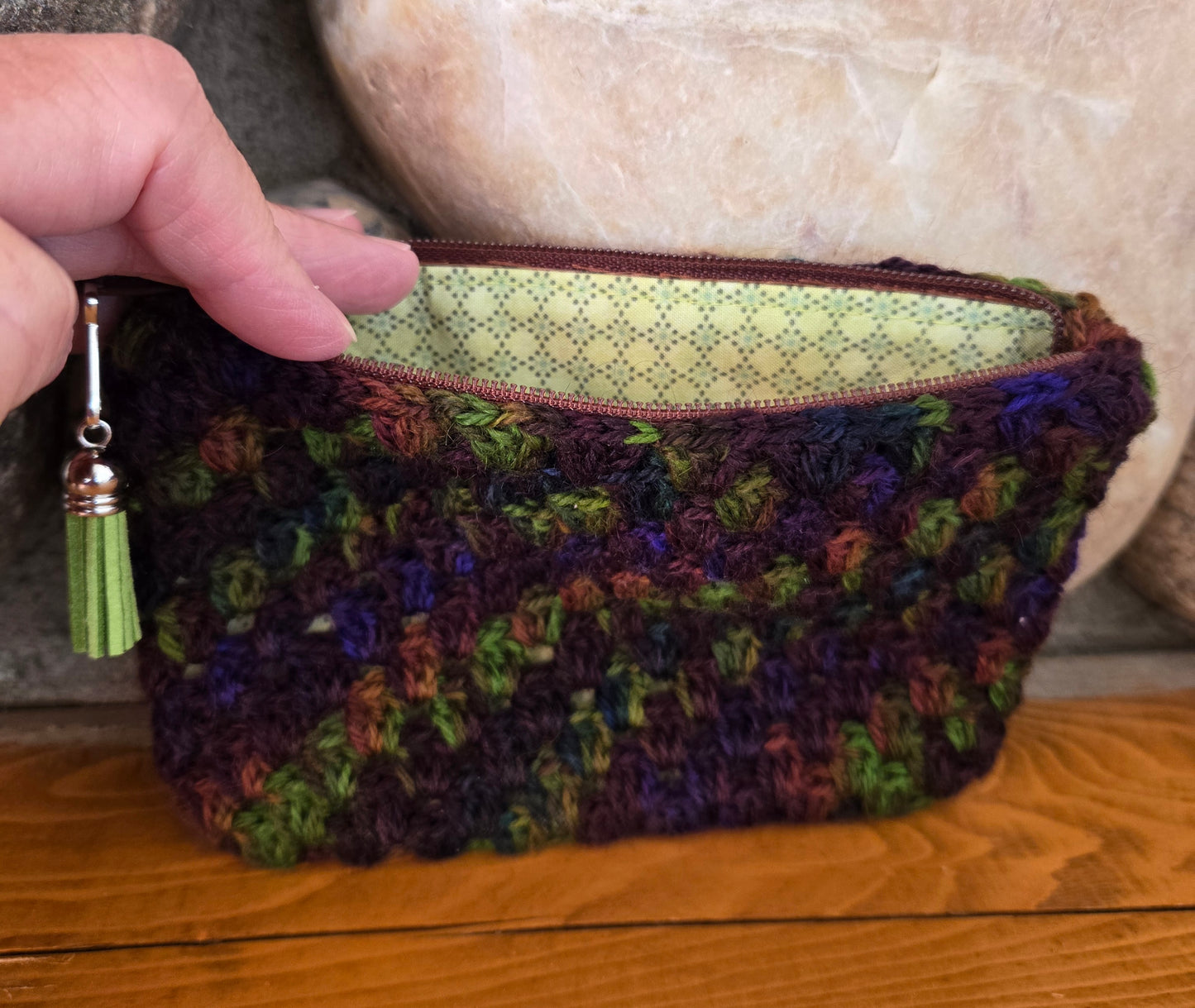 Crochet Granny Squares Fabric Lined Zipper Pouch or Clutch