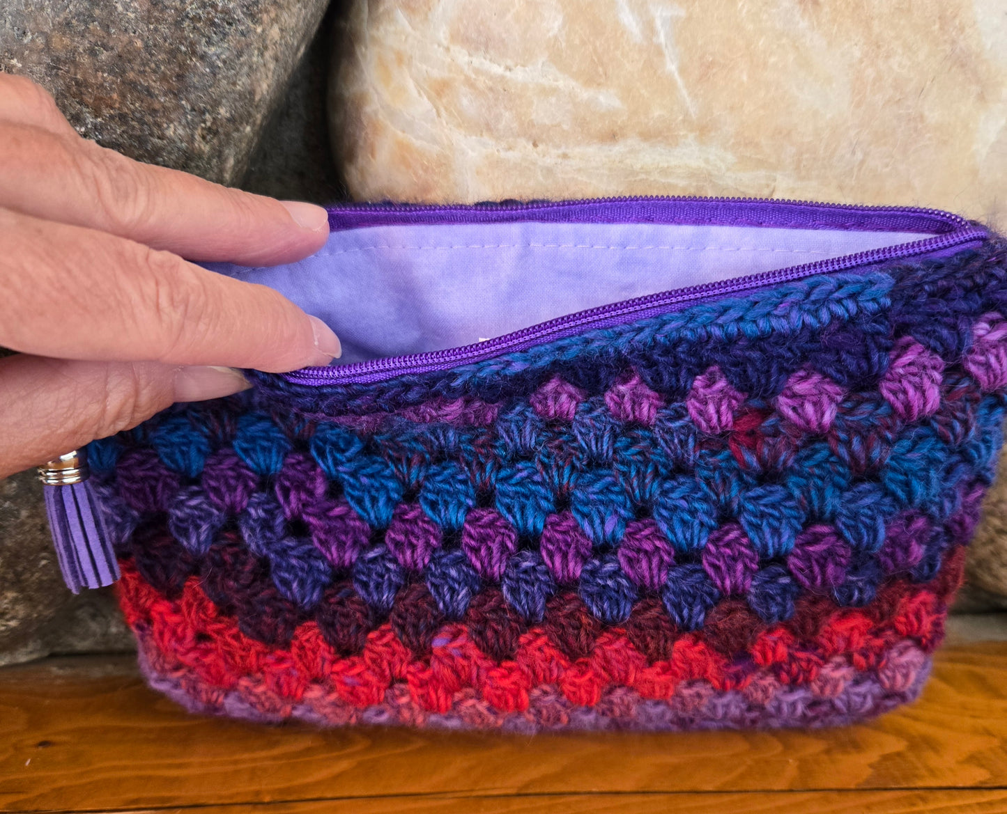 Crochet Granny Squares Fabric Lined Zipper Pouch or Clutch
