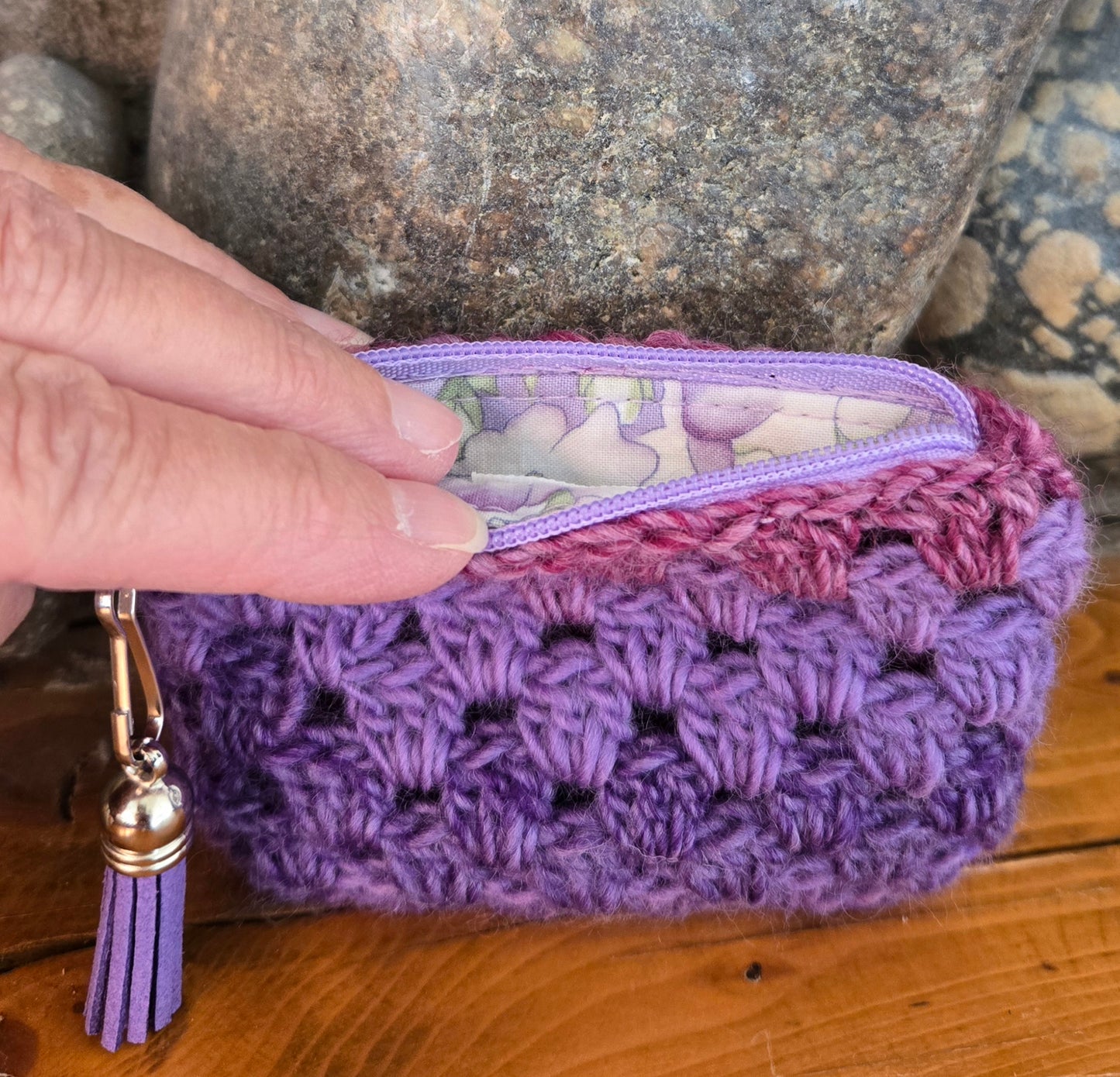 Crochet Granny Squares Fabric Lined Zipper Pouch or Clutch