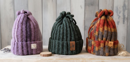 Hand-Crocheted Ribbed Beanie with Pom Pom: Earthy Acrylic Hat