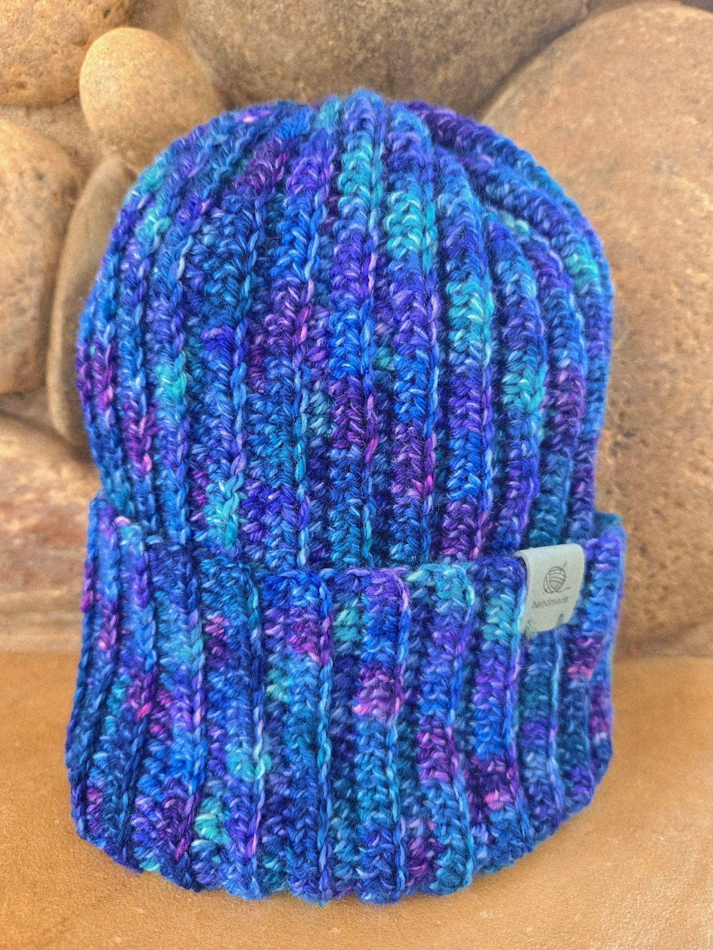 Aurora Borealis Crocheted Beanie - Marbled Blue & Violet - Winter Hat