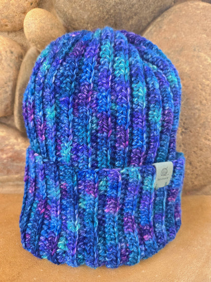 Aurora Borealis Crocheted Beanie - Marbled Blue & Violet - Winter Hat
