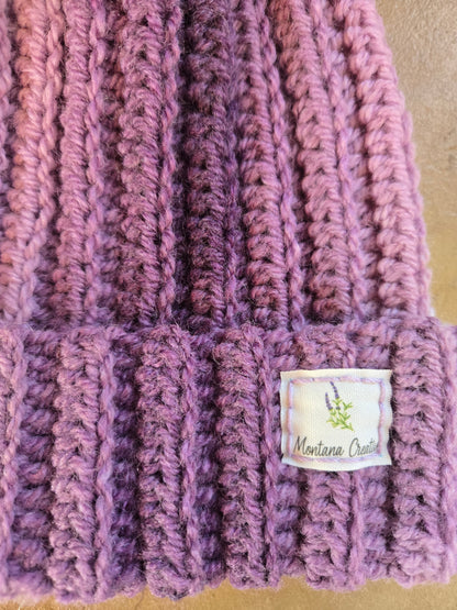 Hand-Crocheted Ribbed Beanie with Pom Pom: Earthy Acrylic Hat