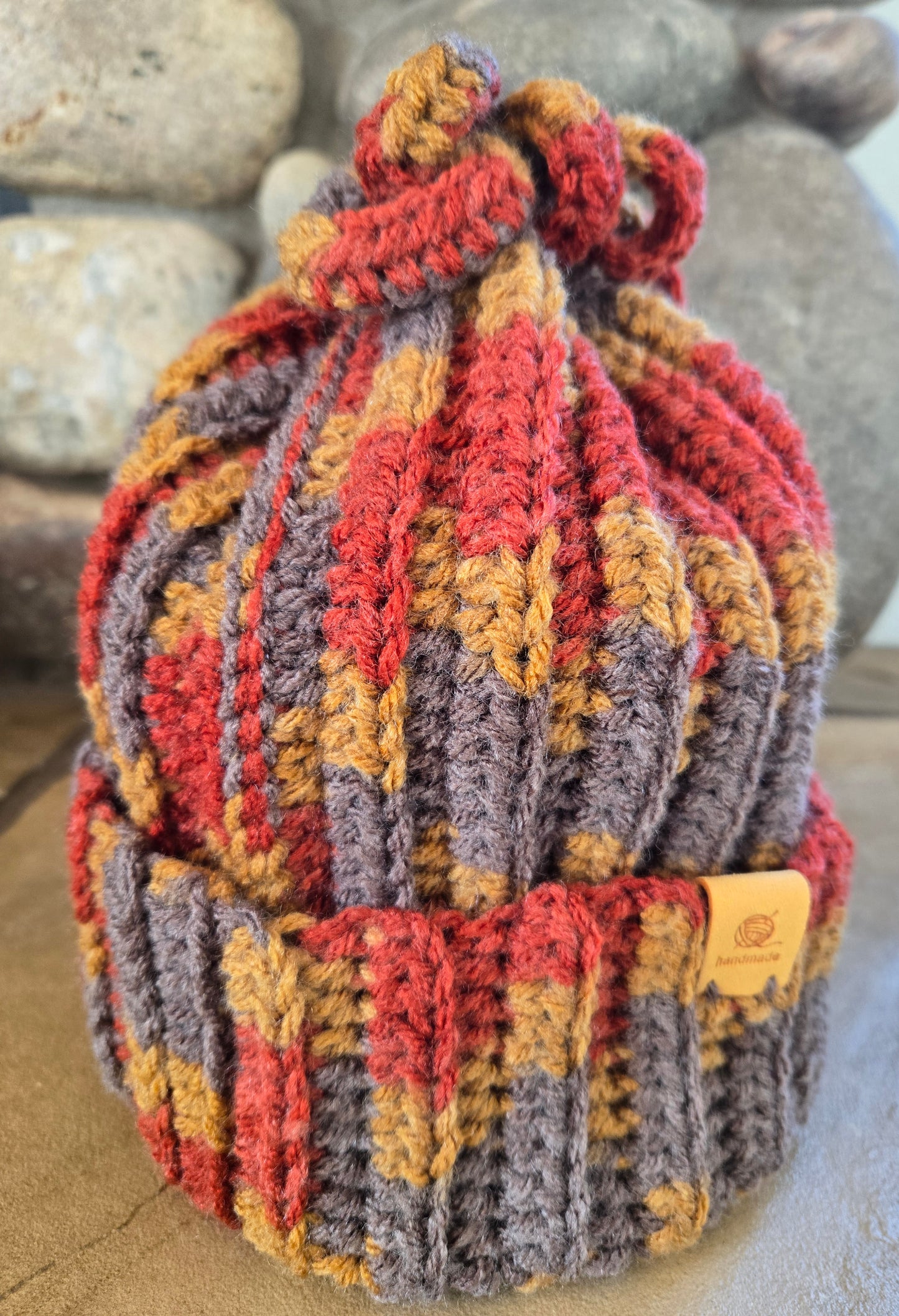 Hand-Crocheted Ribbed Beanie with Pom Pom: Earthy Acrylic Hat