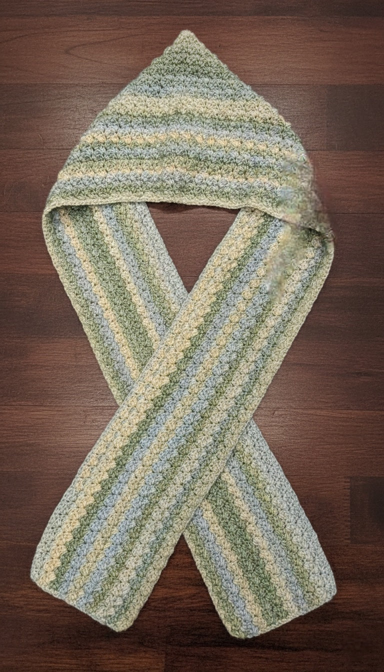 Handmade Green and Blue Striped Crochet Hoodie Scarf | Soft Worsted Weight Winter Neck Warmer