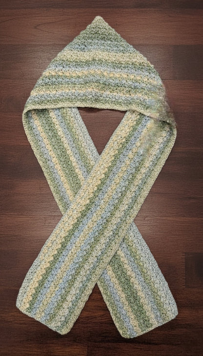Handmade Green and Blue Striped Crochet Hoodie Scarf | Soft Worsted Weight Winter Neck Warmer