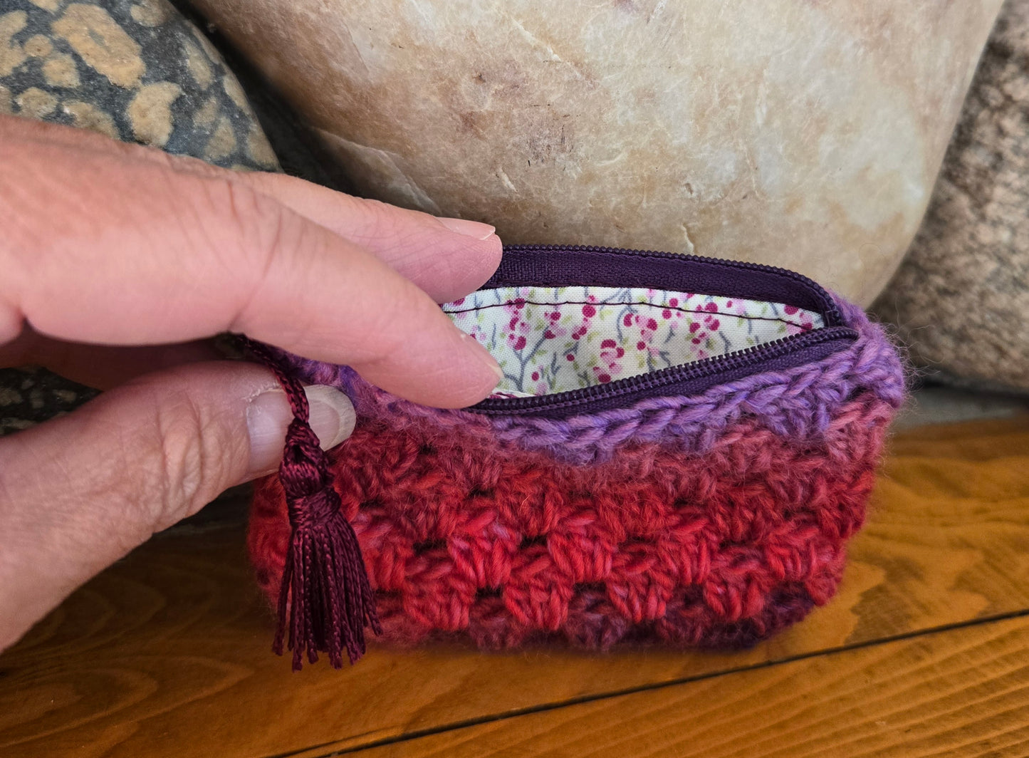 Crochet Granny Squares Fabric Lined Zipper Pouch or Clutch