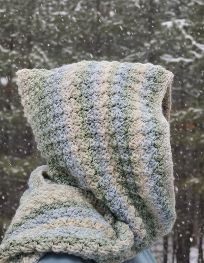 Handmade Green and Blue Striped Crochet Hoodie Scarf | Soft Worsted Weight Winter Neck Warmer