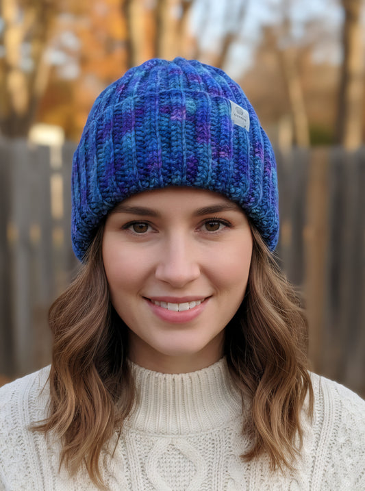 Aurora Borealis Crocheted Beanie - Marbled Blue & Violet - Winter Hat