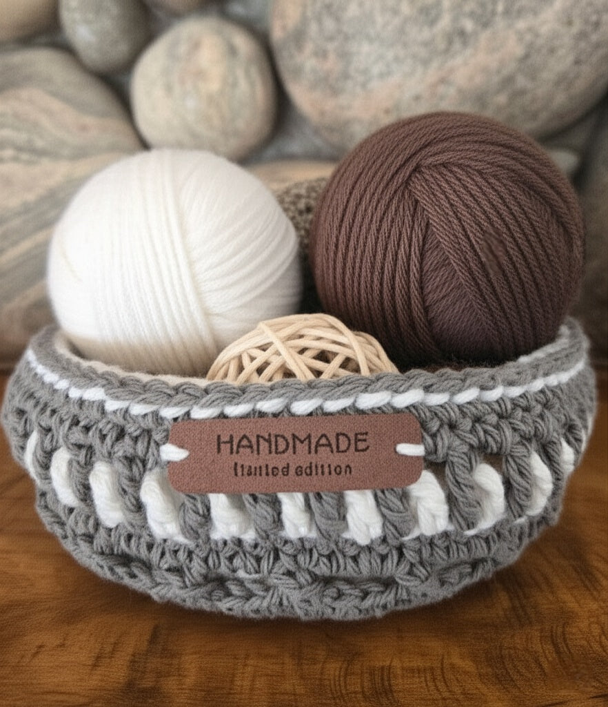 Gray and White Crocheted Basket