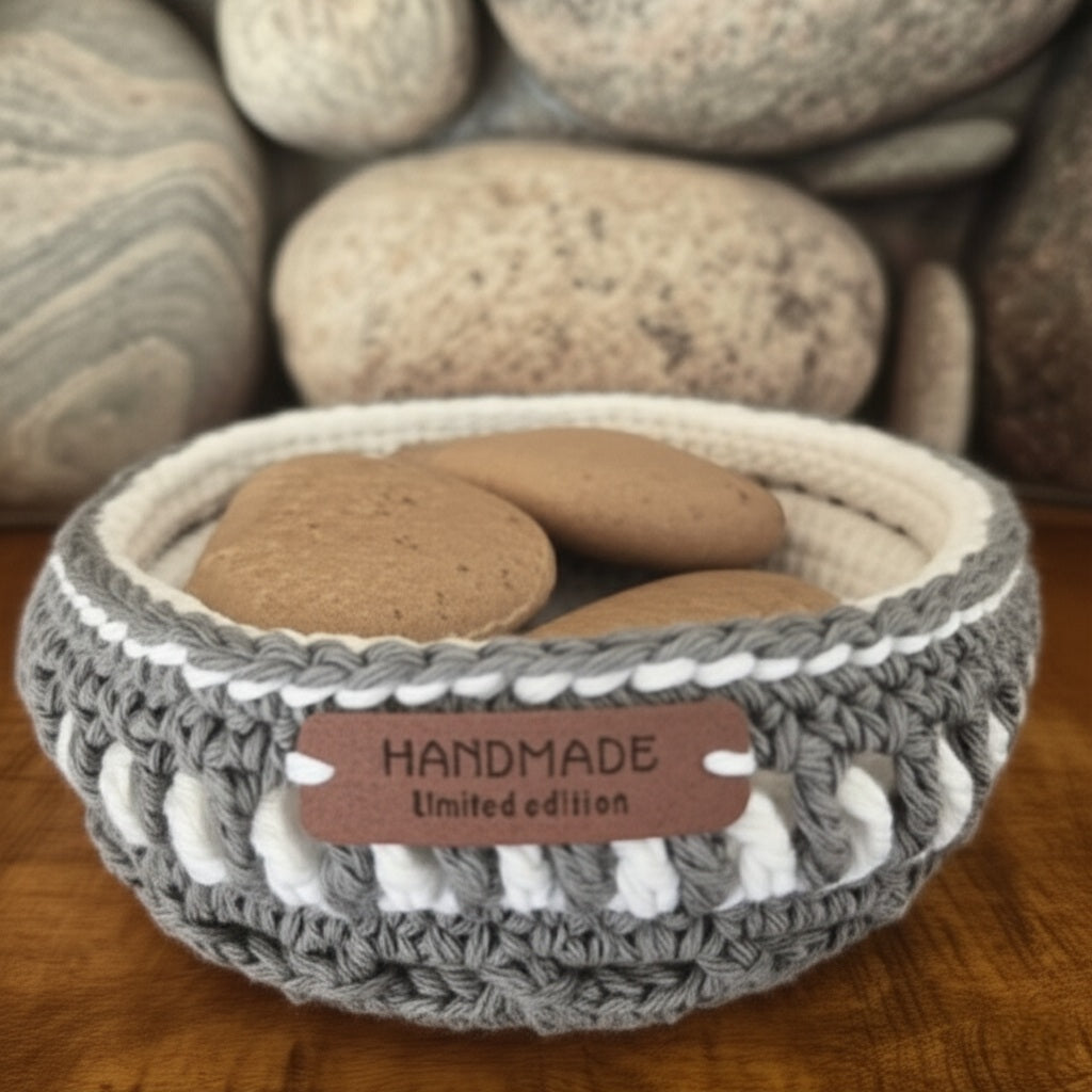 Gray and White Crocheted Basket
