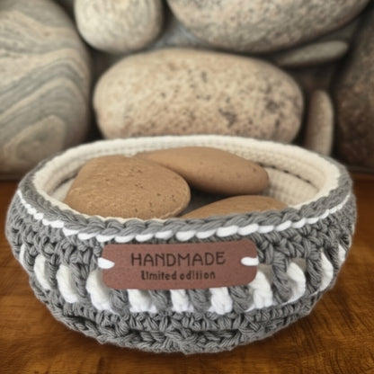 Gray and White Crocheted Basket