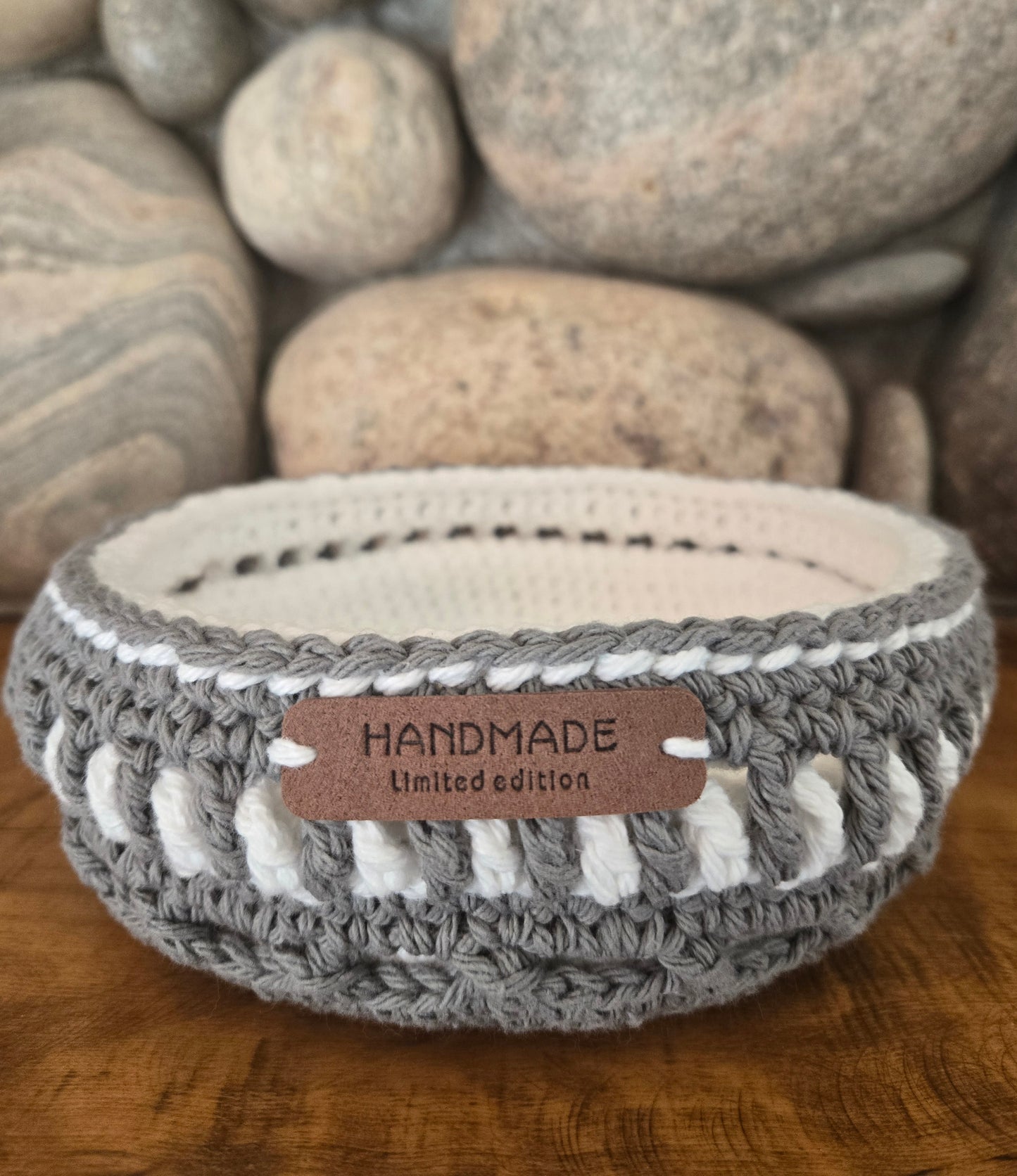 Gray and White Crocheted Basket
