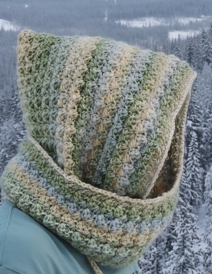 Handmade Green and Blue Striped Crochet Hoodie Scarf | Soft Worsted Weight Winter Neck Warmer