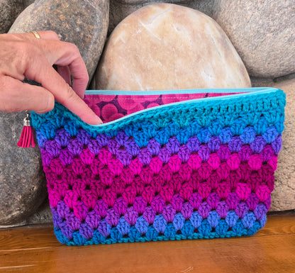 Crochet Granny Squares Fabric Lined Zipper Pouch or Clutch