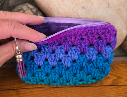 Crochet Granny Squares Fabric Lined Zipper Pouch or Clutch