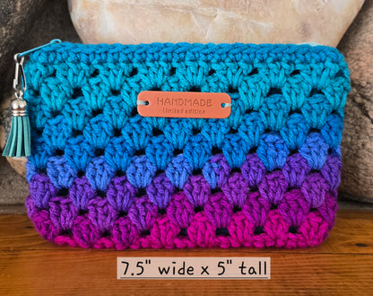 Crochet Granny Squares Fabric Lined Zipper Pouch or Clutch
