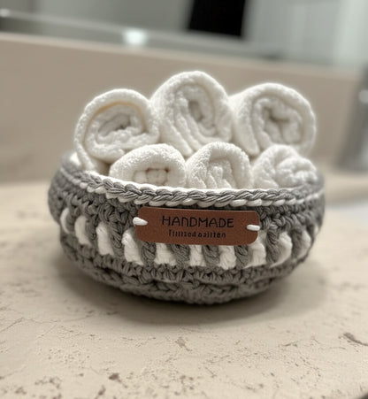 Gray and White Crocheted Basket