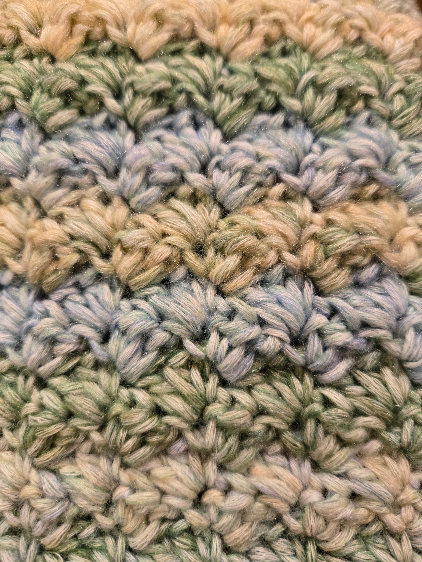 Handmade Green and Blue Striped Crochet Hoodie Scarf | Soft Worsted Weight Winter Neck Warmer