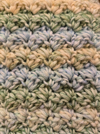 Handmade Green and Blue Striped Crochet Hoodie Scarf | Soft Worsted Weight Winter Neck Warmer