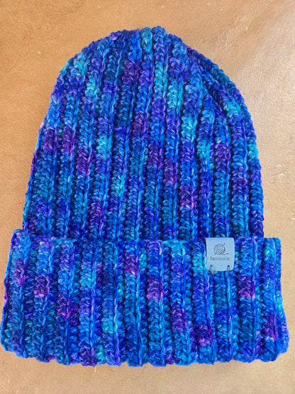 Aurora Borealis Crocheted Beanie - Marbled Blue & Violet - Winter Hat
