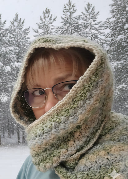 Handmade Green and Blue Striped Crochet Hoodie Scarf | Soft Worsted Weight Winter Neck Warmer