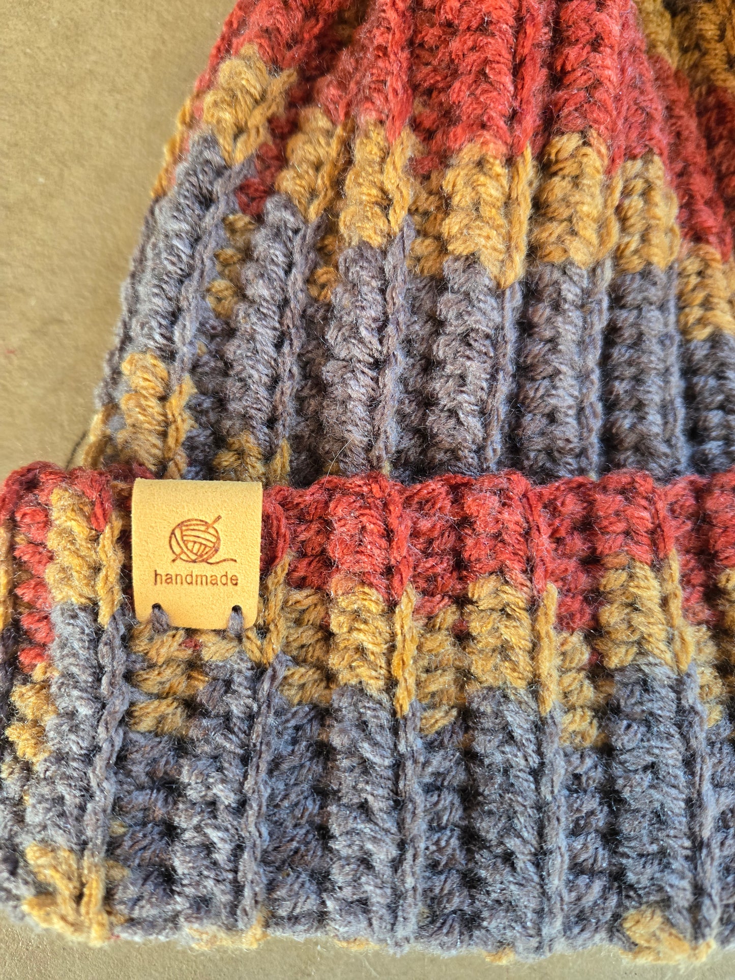 Hand-Crocheted Ribbed Beanie with Pom Pom: Earthy Acrylic Hat