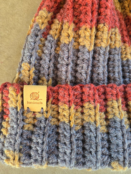 Hand-Crocheted Ribbed Beanie with Pom Pom: Earthy Acrylic Hat