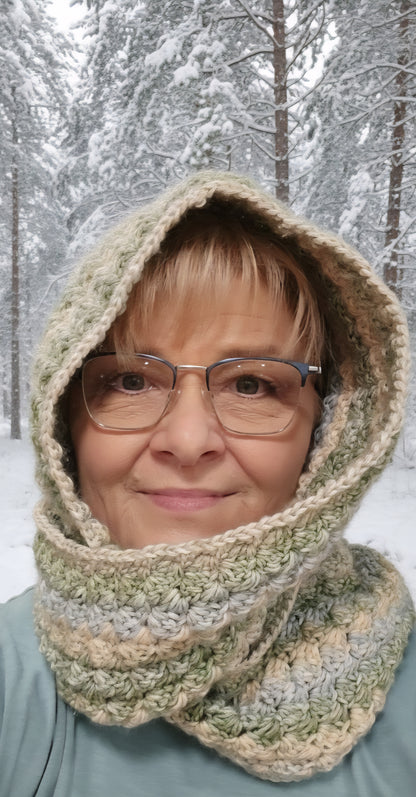 Handmade Green and Blue Striped Crochet Hoodie Scarf | Soft Worsted Weight Winter Neck Warmer