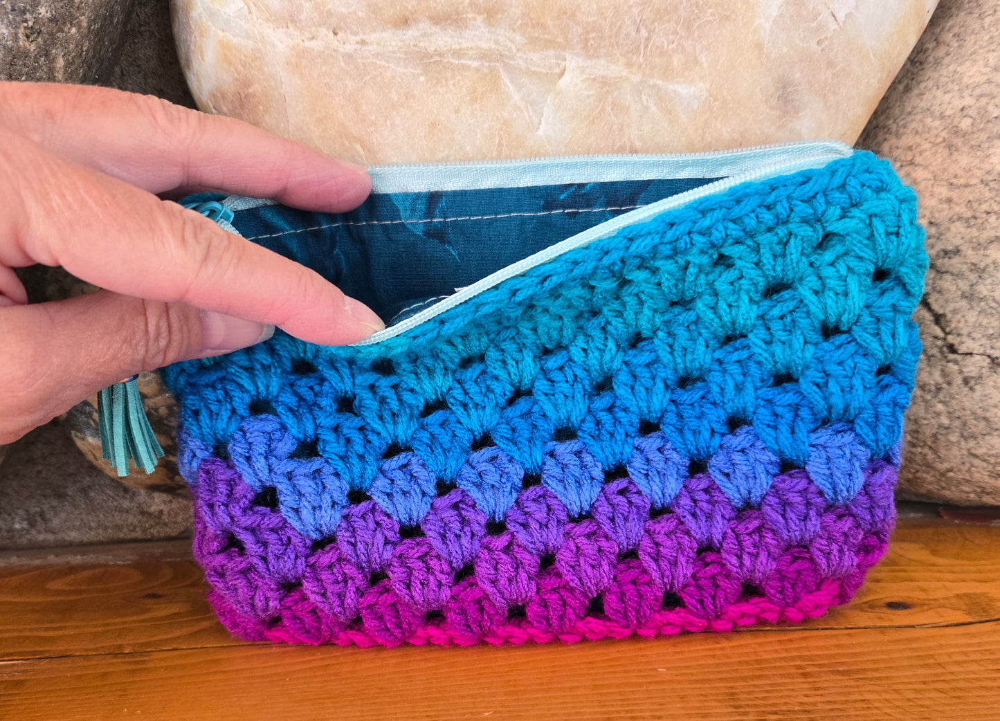 Crochet Granny Squares Fabric Lined Zipper Pouch or Clutch